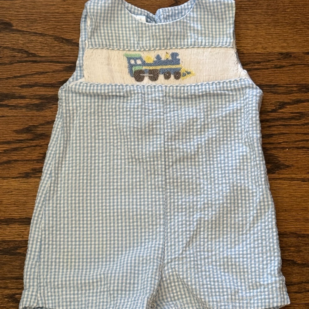 Light Blue Seersucker Smocked Baby Romper/Jon Jon with Train Embroidery